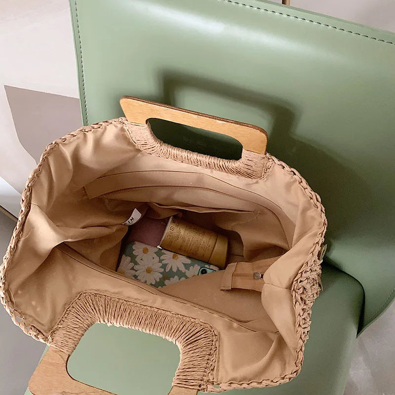 Summer Woven Straw Handbag | Wooden Handle Bag & Large Capacity Beach Tote Luxegan