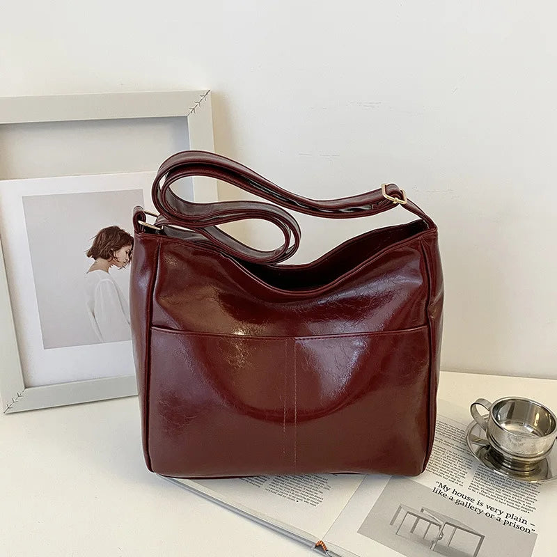 Red Large Capacity Oil Wax Leather Shoulder Bag | Bright Surface Women's New All-match Tote Bags | Casual High Quality Handbag Luxegan