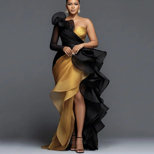 Luxury One-Shoulder Contrast Color Prom Gown | Customized Vintage Organza Mermaid Evening Dress | Elegant Full Sleeve Split Party Dress | Sweep Train Formal Vestido Model HM2026020202 Luxegan