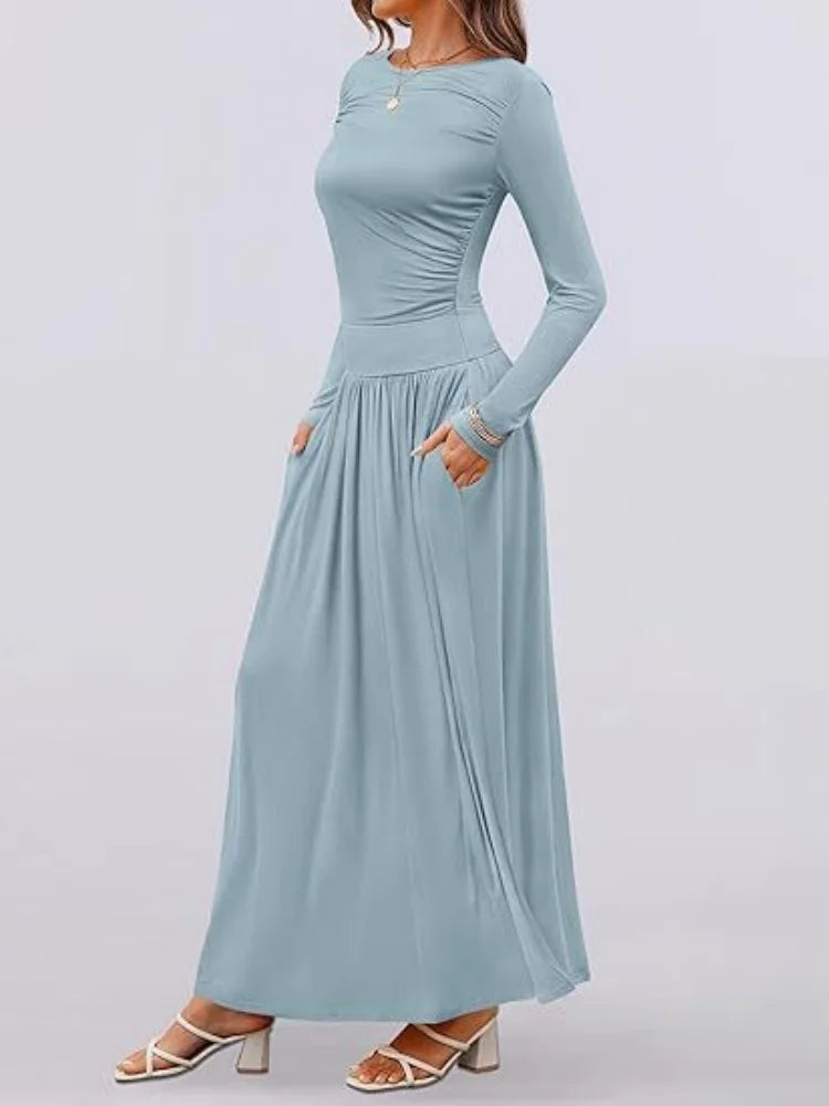 Autumn New Arrivals Long Sleeve Maxi Dress | Comfortable High-Stretch Ruched Detail Long Gown | Elegant O-Neck Solid Color Multi-Color A-Line Dress | Premium Tatting Regular Fit Ankle-Length Everyday Wear Luxegan