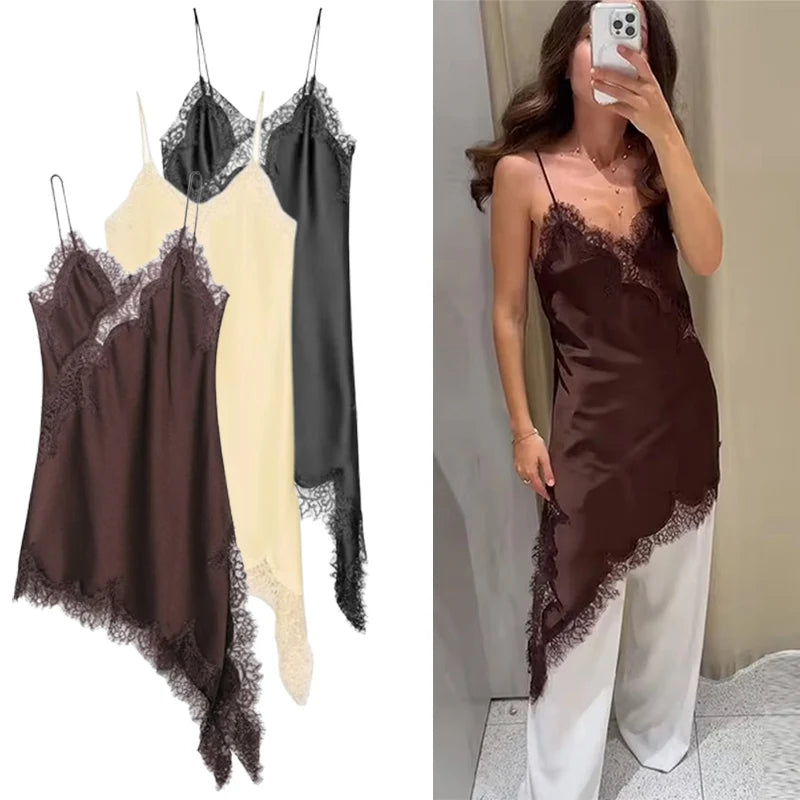Square Collar Lace-Up Satin Spliced Mini Dress | Sleeveless Backless Asymmetric A-Line Party Dress Luxegan