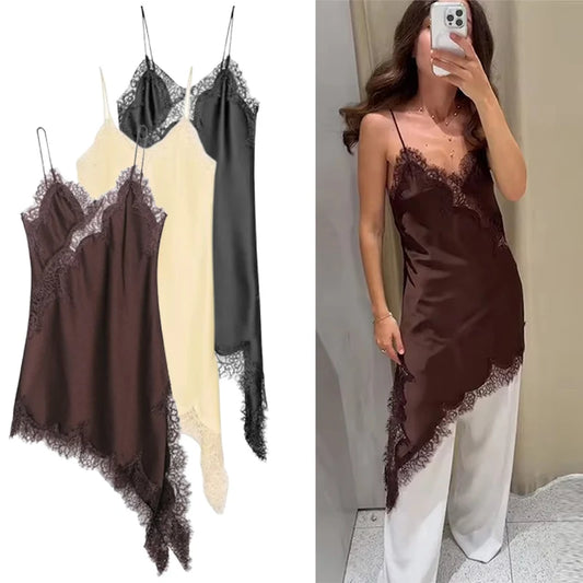 Square Collar Lace-Up Satin Spliced Mini Dress | Sleeveless Backless Asymmetric A-Line Party Dress Luxegan