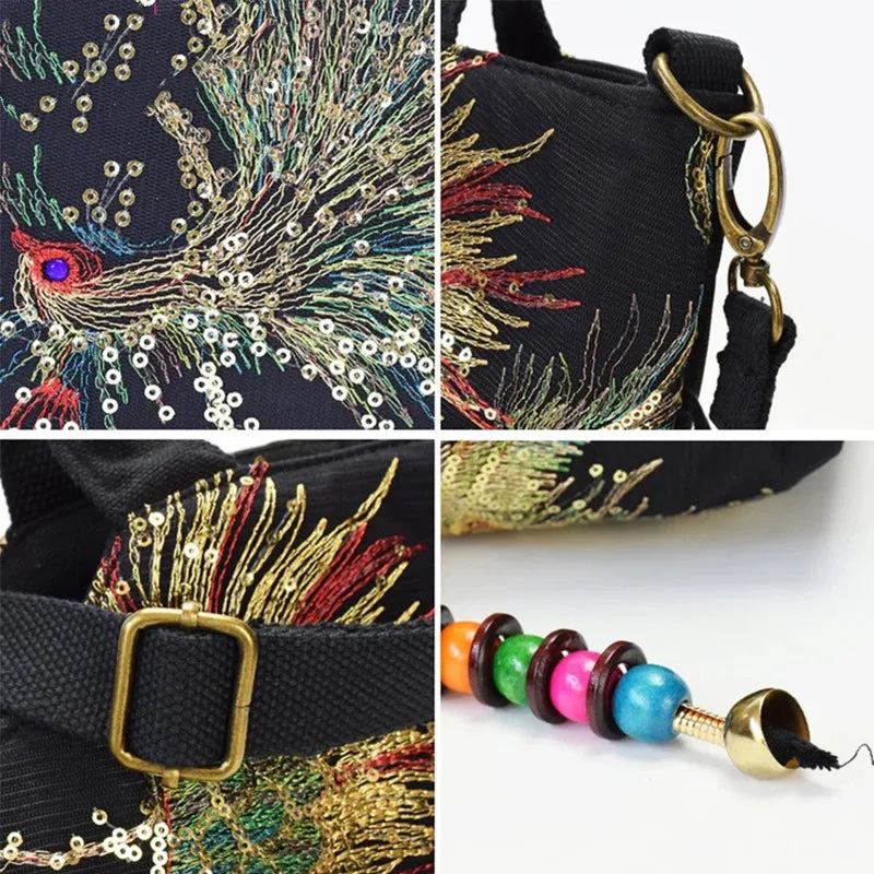 Ethnic Style Sequins Tote Bag | Peacock Embroidery Handbags & Vintage Canvas Crossbody Bag Luxegan