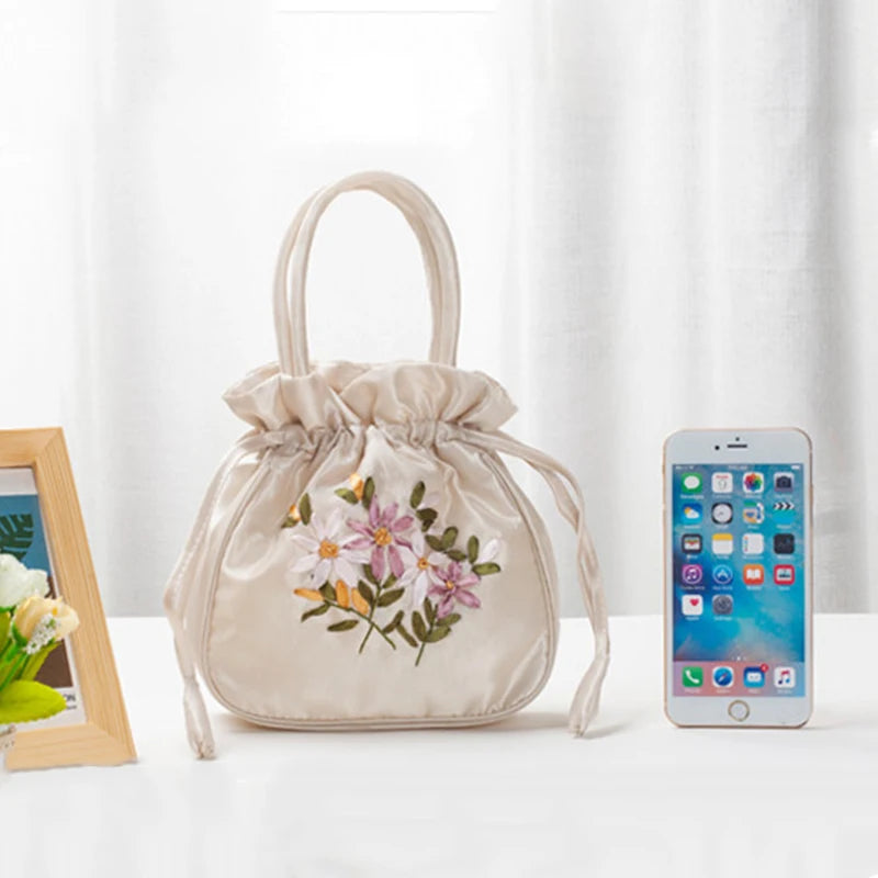 Bolsos Retro Bordados con Cordón Bolsas de Almacenamiento Carteras Monederos Tarjeteros Bolsos de Hombro Tipo Cubo Bolsos de Muñeca