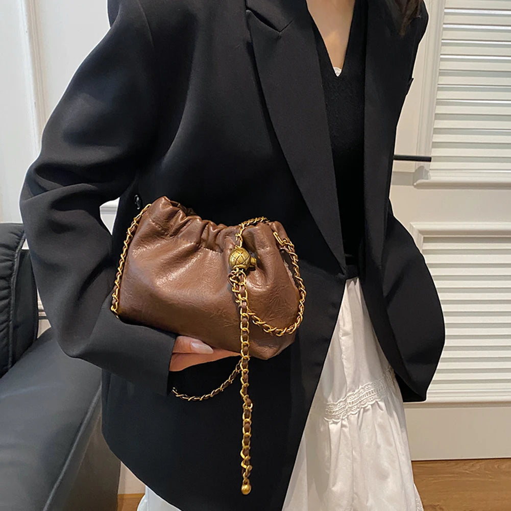 PU Leather Solid Hobo Bag | Soft Fashion Chain Pleated Crossbody Tote Luxegan