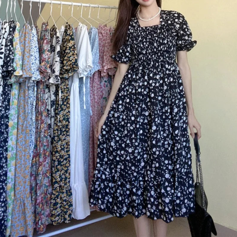 Women's Printed Chiffon Short-Sleeve Dress | Elastic-Waist Pleated A-Line Summer Dress | Slash-Neck Knee-Length Casual Slim-Fit Gown Luxegan