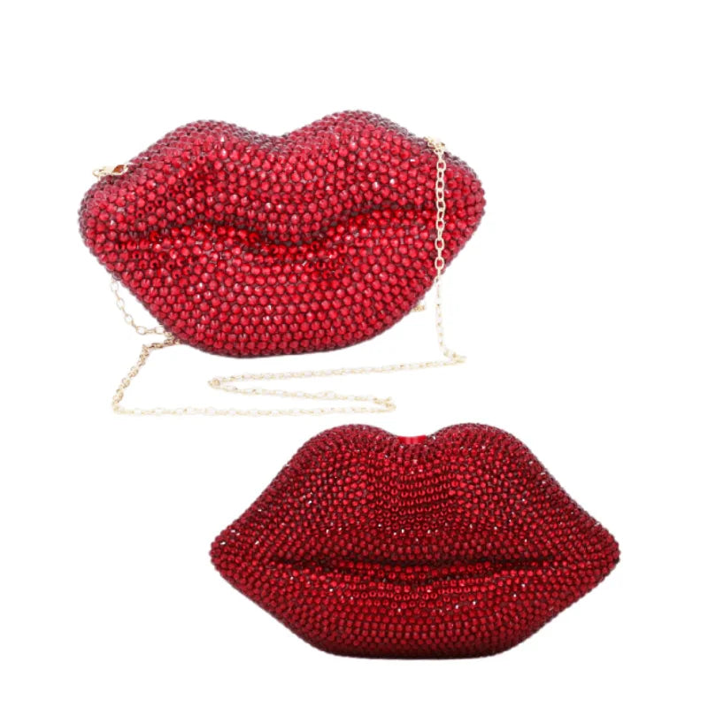 Luxury Red Lip Crystal Clutch | Sophisticated Diamond-Embellished Evening Bag | Elegant Novelty Lip-Shaped Handbag | "Dignified" Hard-Shell Dress Purse for Four-Season Formal Styling Luxegan