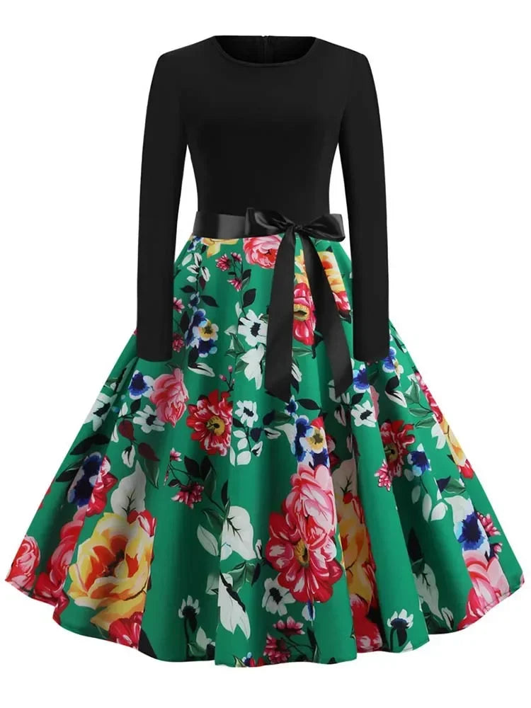 Harajuku Vintage Music Note Print Party Dress | Casual Retro Long-Sleeve Spring Autumn Midi | Full-Sleeve Loose-Fit A-Line Dress with Sashes Luxegan