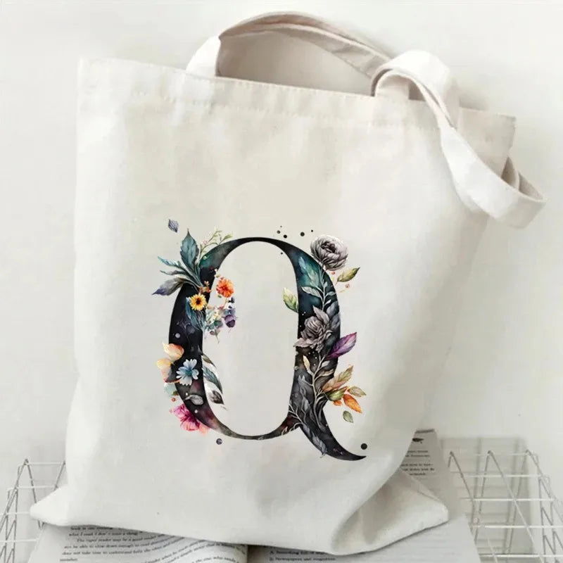 Harajuku Letter & Flower Canvas Tote | Eco Reusable Shopping Bag