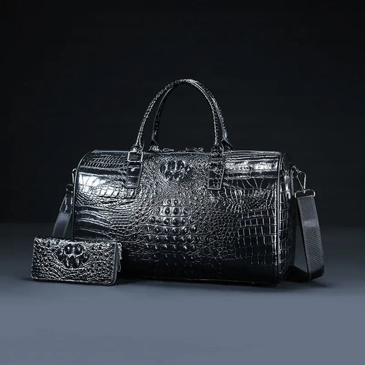 Men's Luxury Genuine Cow Leather Travel Duffle Bag | Large Capacity Portable Alligator Texture Weekender