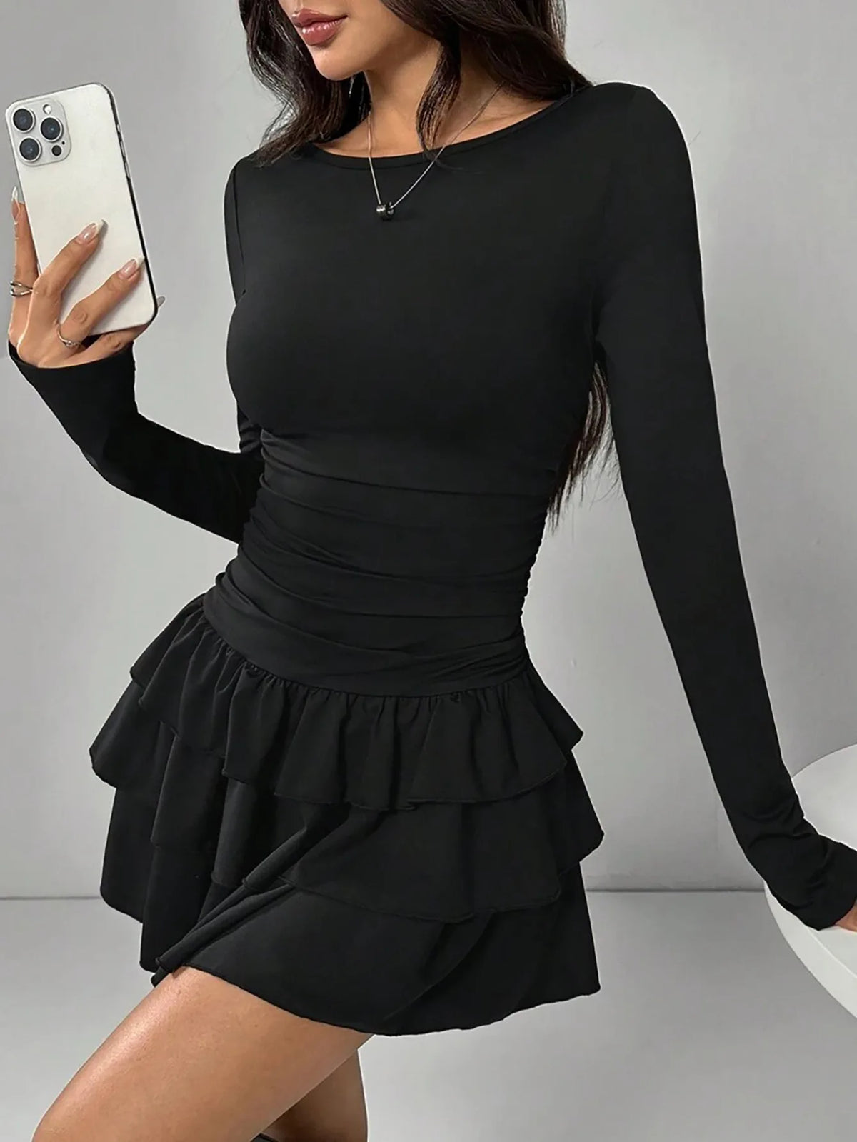 Solid Office Lady O-Neck Full-Length Sleeve Slim Pleated Knee-Length Dress – Medium-Stretch Polyester, Natural Waist, Autumn/Winter Luxegan