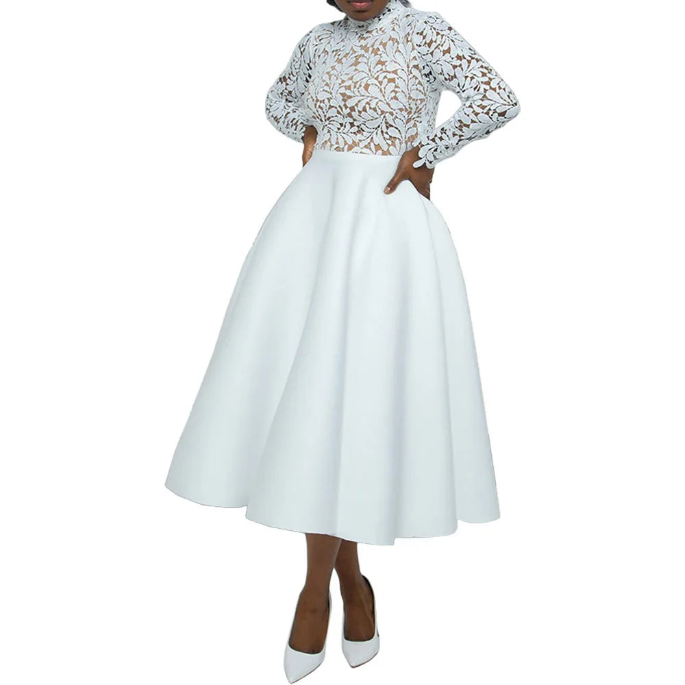 Solid Casual O-Neck Full-Length Sleeve Regular Fit A-Line Mid-Calf Dress – Non-Stretch Polyester, Natural Waist, Autumn/Winter Luxegan