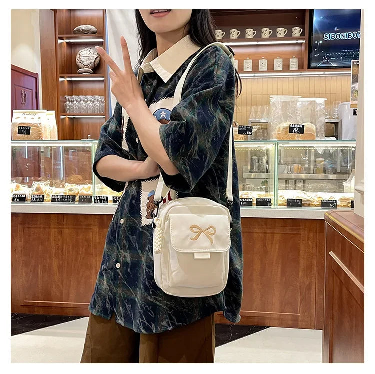 Women’s Fashion Bow Shoulder Bag | Trendy Adjustable Strap Crossbody | Fresh & Sweet Nylon Daily Messenger Bag & Hobo Sling Luxegan