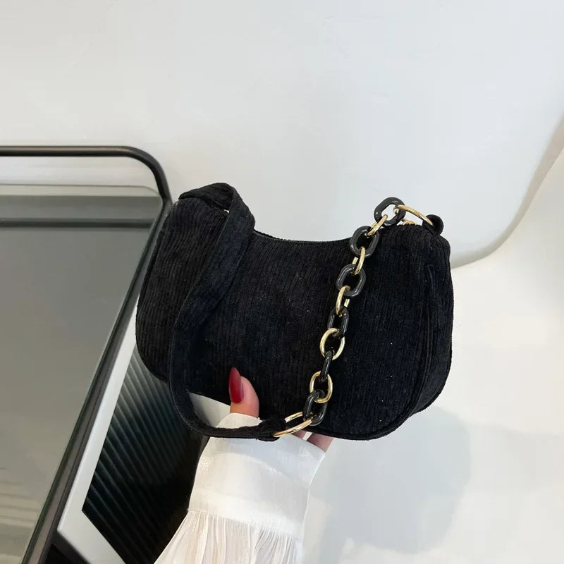 Korean Fashion Vintage Corduroy Underarm Bag | Women's Summer Soft Zipper Shoulder Small Bag | Casual Clutch Handbag Luxegan