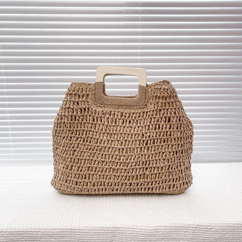 Summer Woven Straw Handbag | Wooden Handle Bag & Large Capacity Beach Tote Luxegan