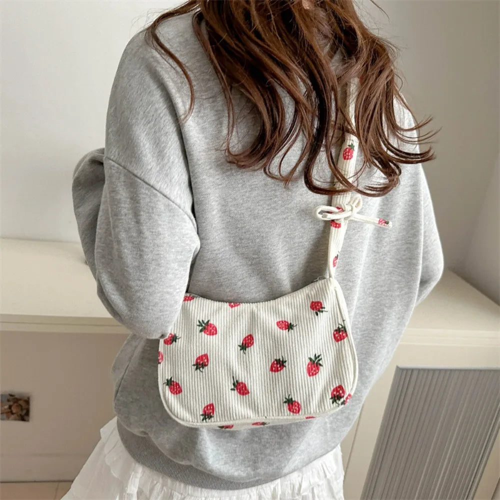 Corduroy Solid Casual Tote | Soft Y2K Strawberry Large Capacity Underarm Bag Luxegan