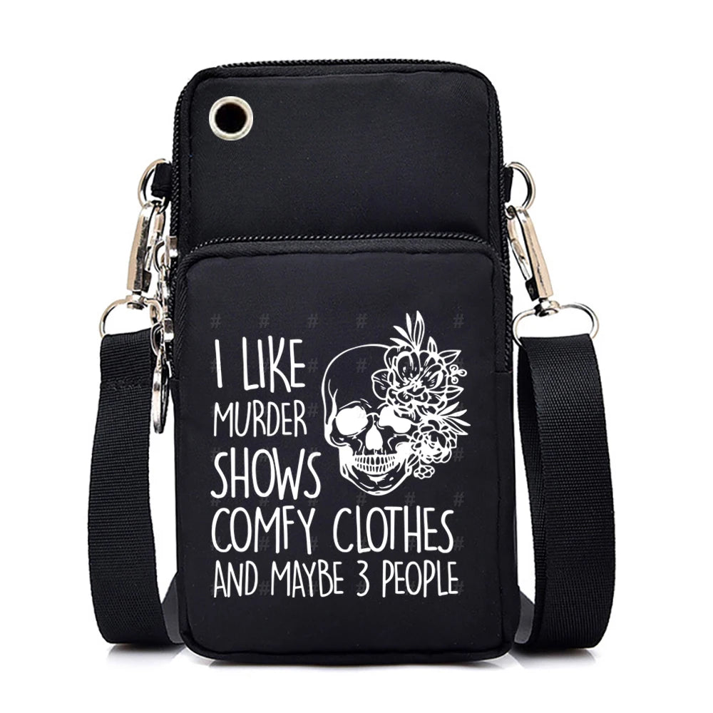 "Dead Inside But Love Cats" Shoulder Bag | Sophisticated Funny Vintage Skeleton Purse | Elegant Cartoon-Print Mobile Phone Bag | "Dignified" Soft Nylon Mini-Handbag for Versatile Casual Styling Luxegan