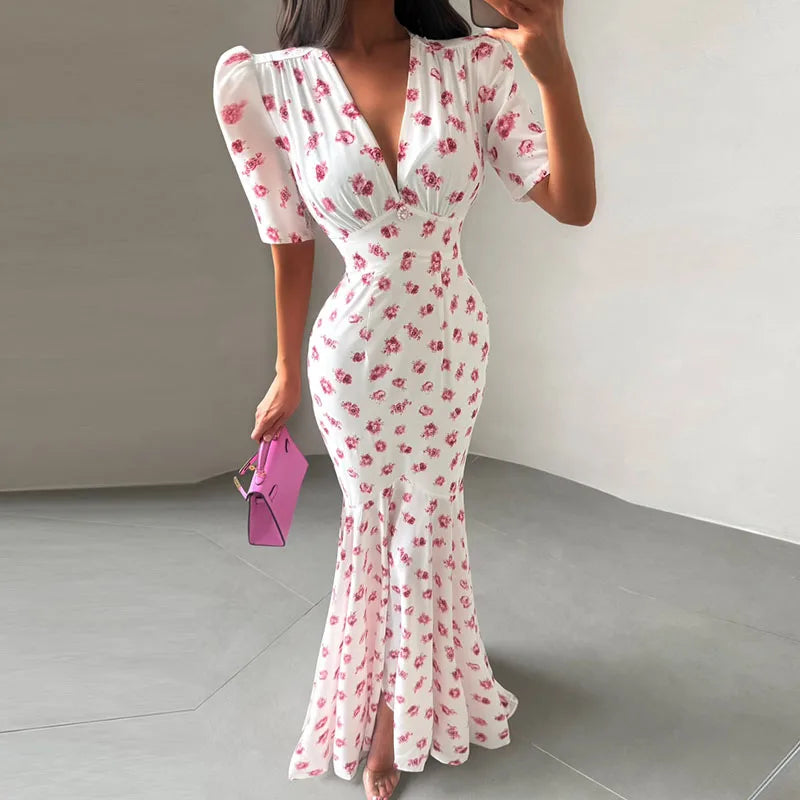 Floral Print V-Neck Short Puff Sleeve Regular Fit Sheath Ankle-Length Dress – Natural Waist, Summer Luxegan