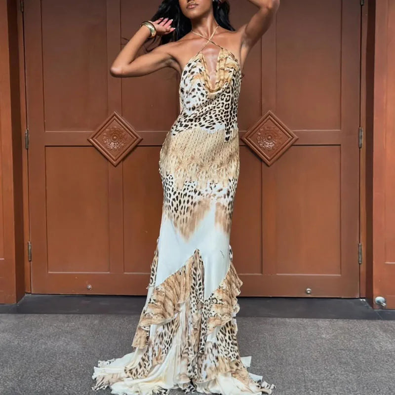 Leopard Print Tiered Ruffle Maxi Dress | Spaghetti Strap Halter High Waist A-Line Beach Gown Luxegan