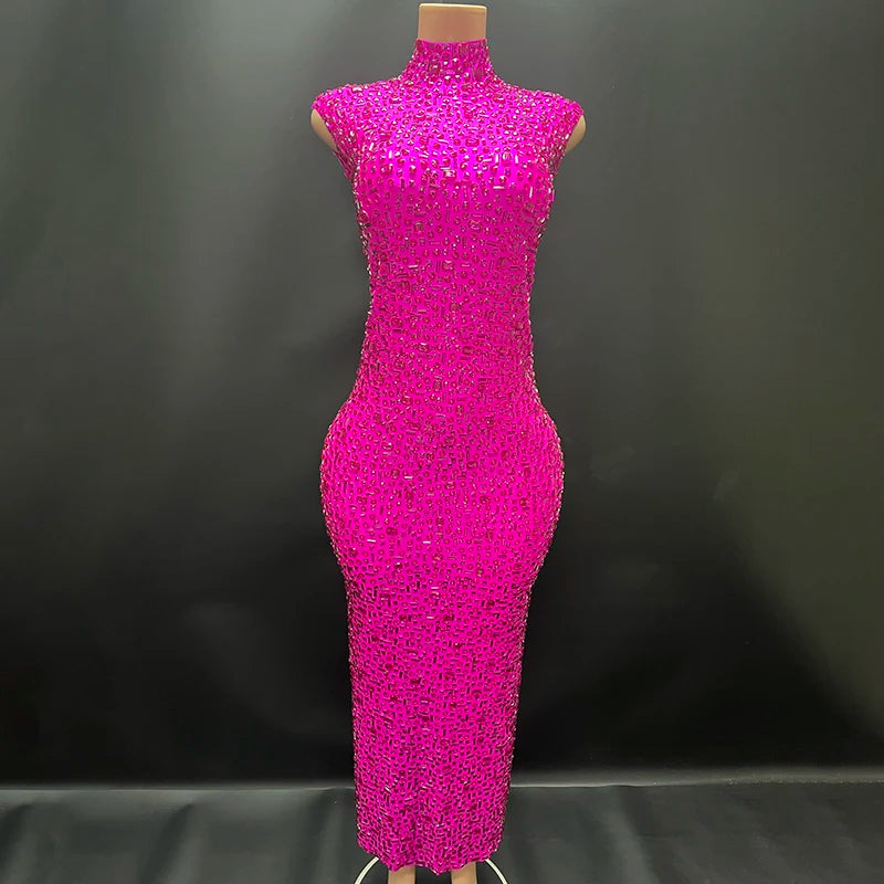 Luxurious Rhinestone Celebration Party Dress | Sparkling Couture Baby Shower Gown | One-Shoulder Turtleneck Medium-Stretch Sheath Dress Luxegan