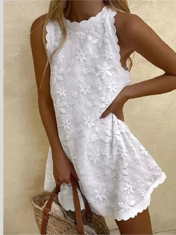 Crochet Hollow-Out Sleeveless Loose A-Line Mini Dress – Mock Neck, Solid, Summer Luxegan