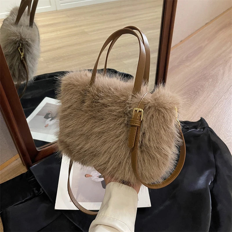 Faux Fur Tote Bag Women's | Bucket Plush Luxury Design Ladies Handbags & Soft Winter Crossbody Shoulder Bags (Bolsa Feminina) Luxegan