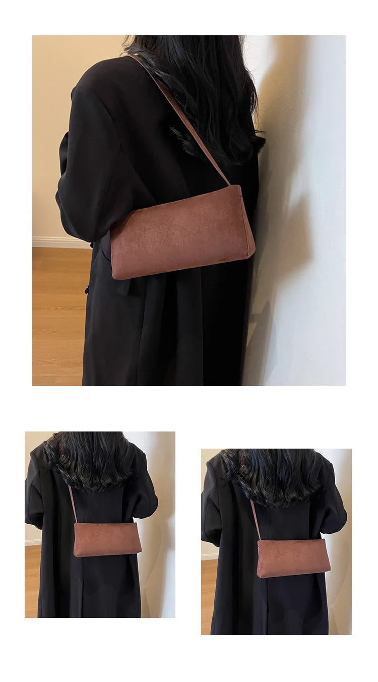 Faux Suede Solid Square Bag | Elegant French Vintage Underarm Handbag Luxegan