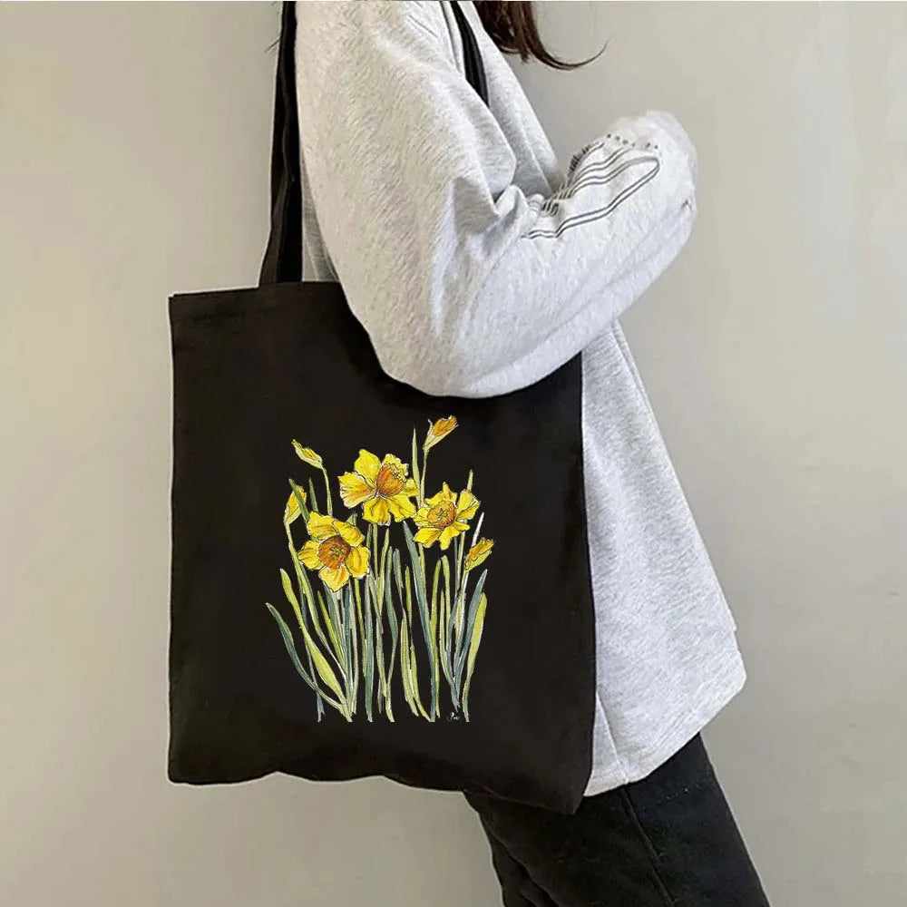 Succulove Floral Cotton Tote Bag | Large Capacity Handbag with Tulips, Hydrangeas, Sunflowers & More (Casual Shoulder Shopper, Eco-Friendly) Luxegan