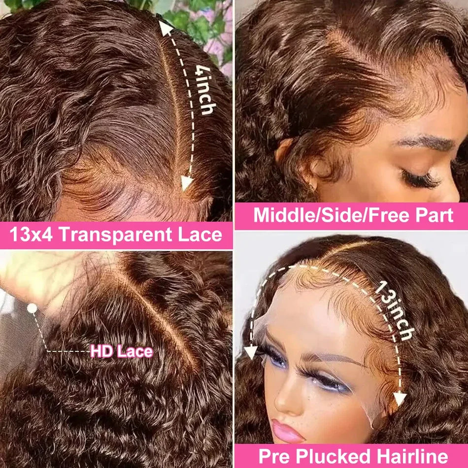 Chocolate Brown Deep Wave Frontal Wig | 13x4 HD Transparent Curly Lace Front Human Hair Wig (Bleached, Brazilian Brown Colored) Luxegan