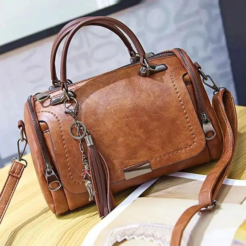 Tassel Decor Large Capacity Boston Bag for Women | Fashionable Zipper Shoulder & Crossbody Bag | Premium PU Leather Handbag with Removable Strap | Elegant Party & Event Travel Tote Luxegan