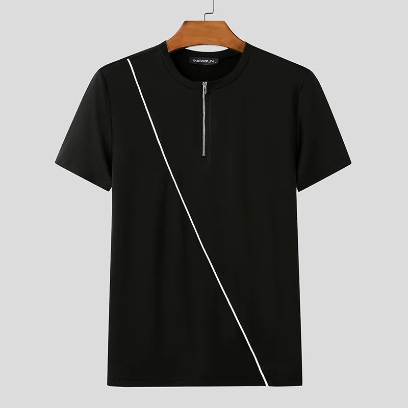 Half-Zipper Design T-Shirt | Sophisticated O-Neck Short-Sleeve Silhouette | Elegant "Spring and Summer" Handsome Camiseta | "Dignified" Lightweight Broadcloth Top for Radiant Versatile Styling Luxegan