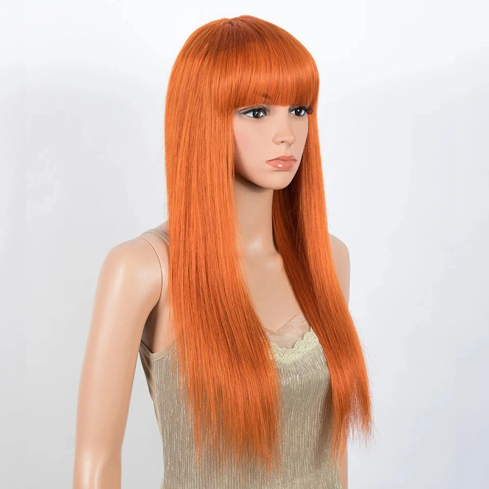 180% Density Ginger Straight Human Hair Wig with Bangs | Full Machine Made Brazilian Hair for Cosplay & Daily Wear Luxegan