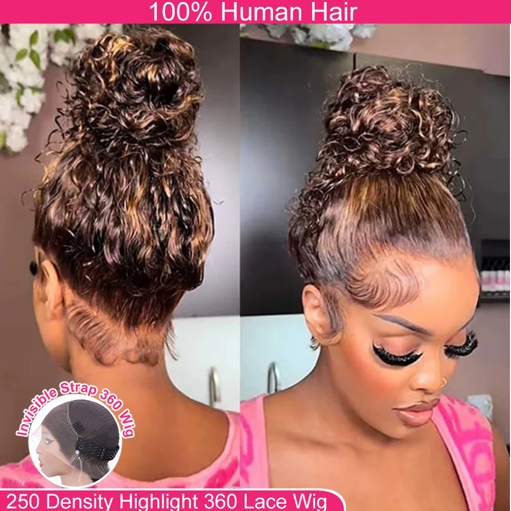 Highlight HD Invisi-Strap 360 Full Lace Wig | Sophisticated "Honey Blonde" Deep Curly Silhouette | Elegant 250% Density HD Lace Frontal | "Dignified" Brazilian Human Hair Highlight Wig for Radiant Versatile Styling Luxegan