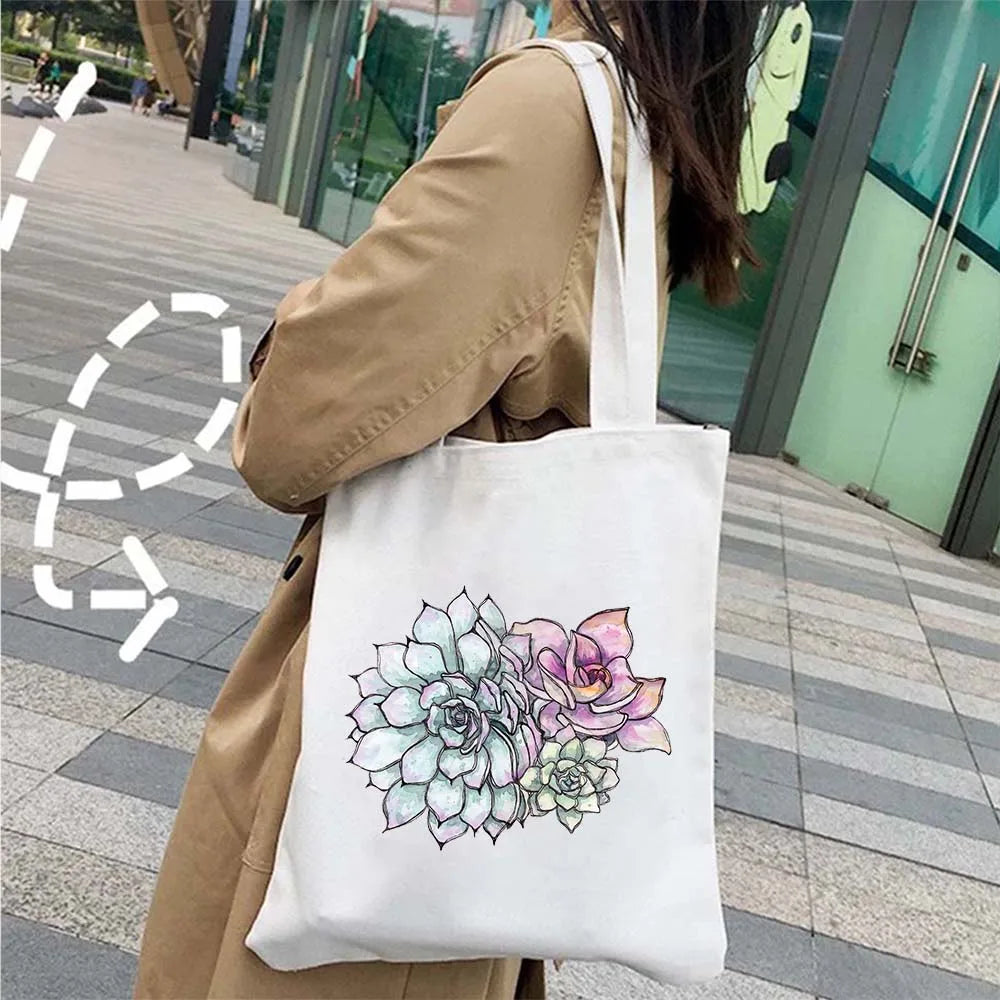 Succulove Floral Cotton Tote Bag | Large Capacity Handbag with Tulips, Hydrangeas, Sunflowers & More (Casual Shoulder Shopper, Eco-Friendly) Luxegan
