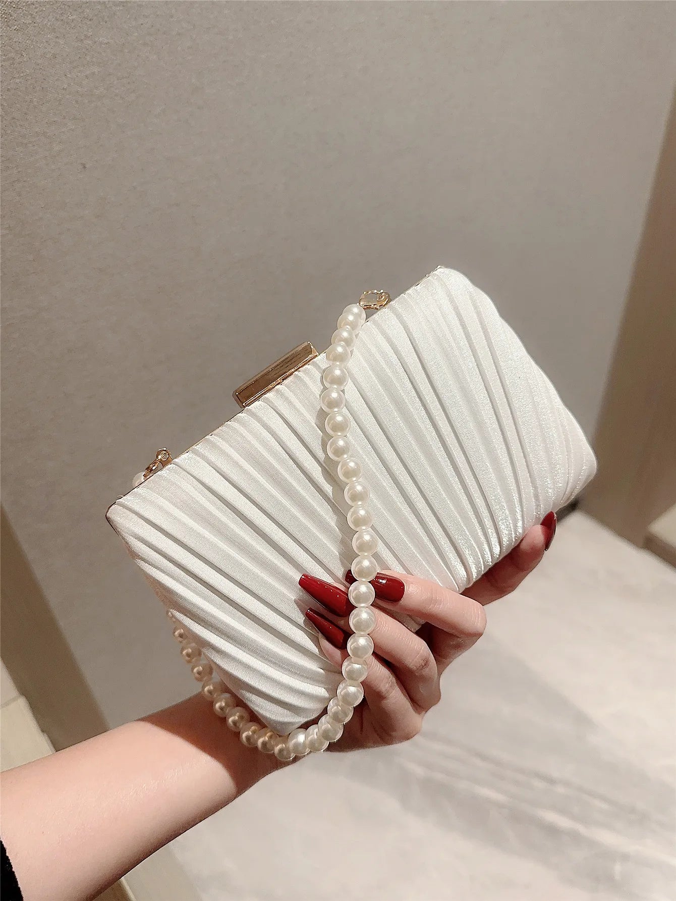 Ladies' Casual Pleated Satin Box Dinner Bag | Faux Pearl Handbag & Wedding Clutch Luxegan