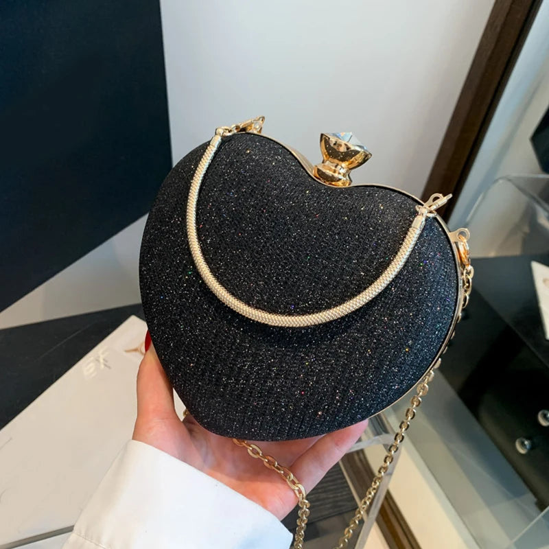 Shiny Heart Shape Metal Evening Clutch Bag for Women | Fashion Chain Shoulder Crossbody Bag (Luxury Lady Purse) Luxegan