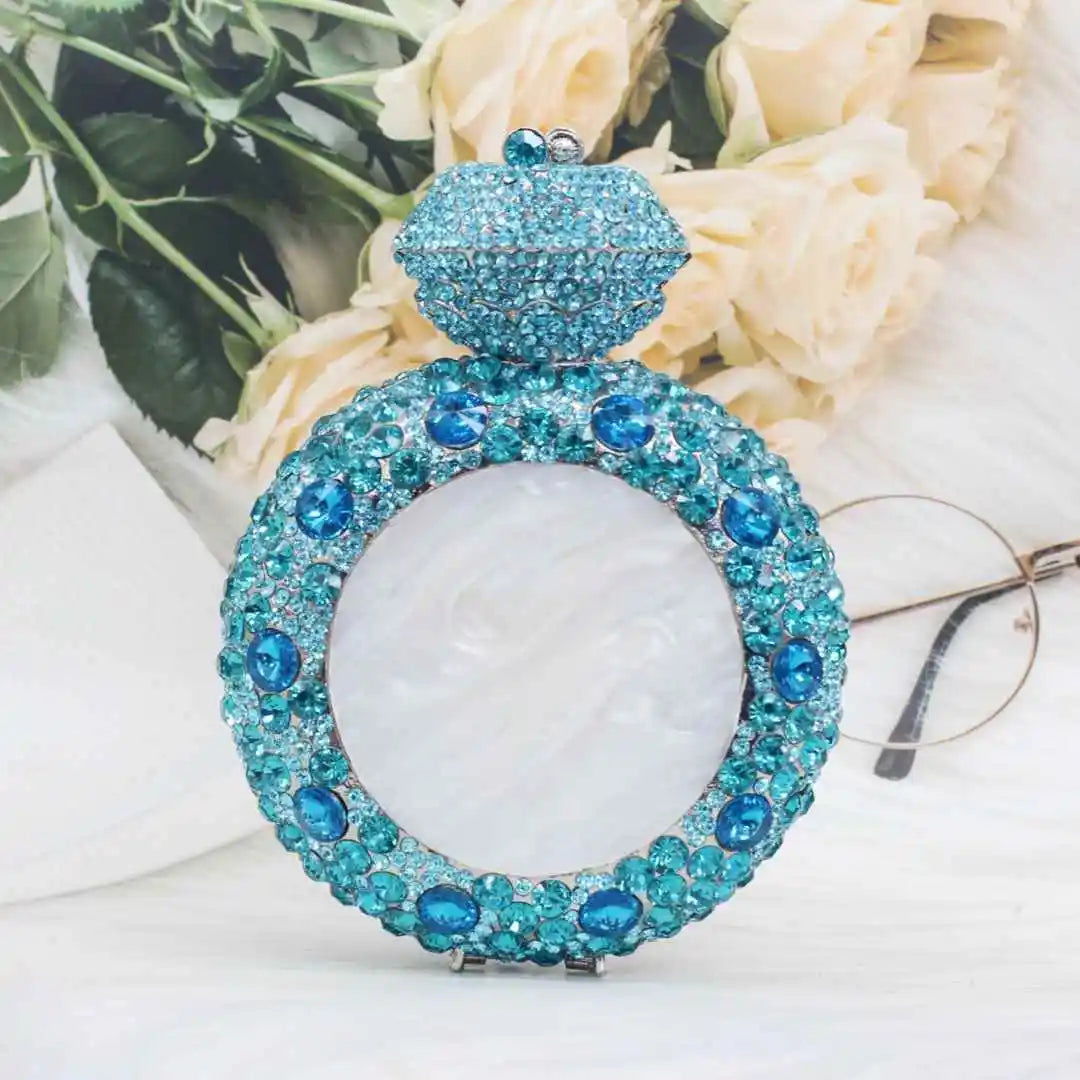 New Design "Big Diamond Ring" Evening Bag | Luxury Bridal Wedding Rhinestone Clutch | Elegant Circular Gold & Silver Handbag | Glamorous Sequined Dress Purse (Model DR521) Luxegan