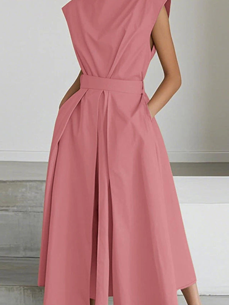 Solid Turn-Down Collar Short Sleeve Regular Fit A-Line Ankle-Length Dress – Polyester, Empire Waist, Summer Luxegan