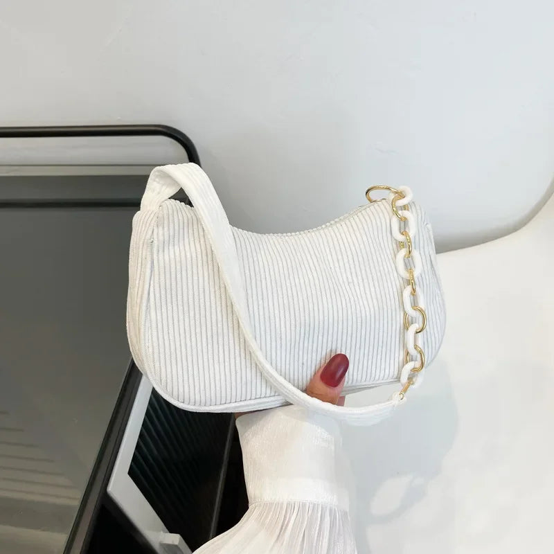 Korean Fashion Vintage Corduroy Underarm Bag | Women's Summer Soft Zipper Shoulder Small Bag | Casual Clutch Handbag Luxegan