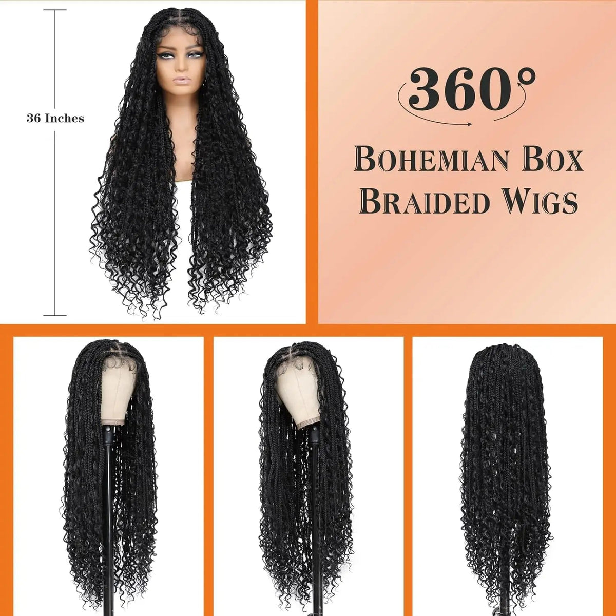 Synthetic 36" Bohemian Braided Wigs Boho Box Braid Wigs for Black Women Twisted Braids Full Lace Braided Wigs with Baby Hair Luxegan