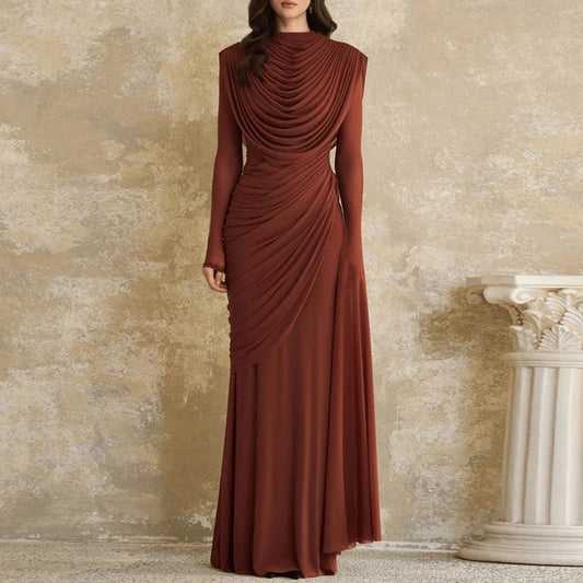 O-Neck Long Sleeve Draped A-Line Brocade Maxi Dress | Solid Vintage Pleated Elegant Party Dress Luxegan