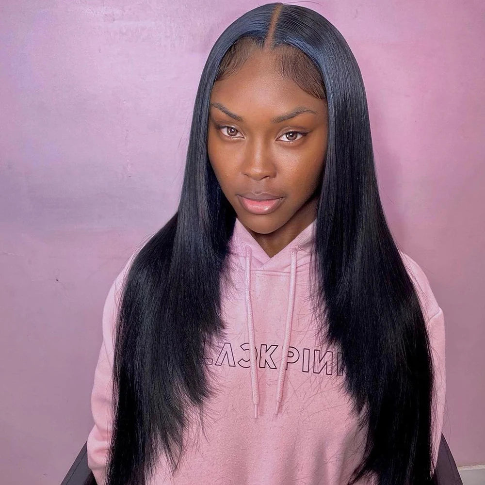 Long Bone Straight Transparent Lace Wig - Half Machine-Made & Half Hand-Tied Swiss Lace Frontal Wig - 1Piece Glueless Straight Long Wig for Women (26+ Inch, Natural Color) Luxegan