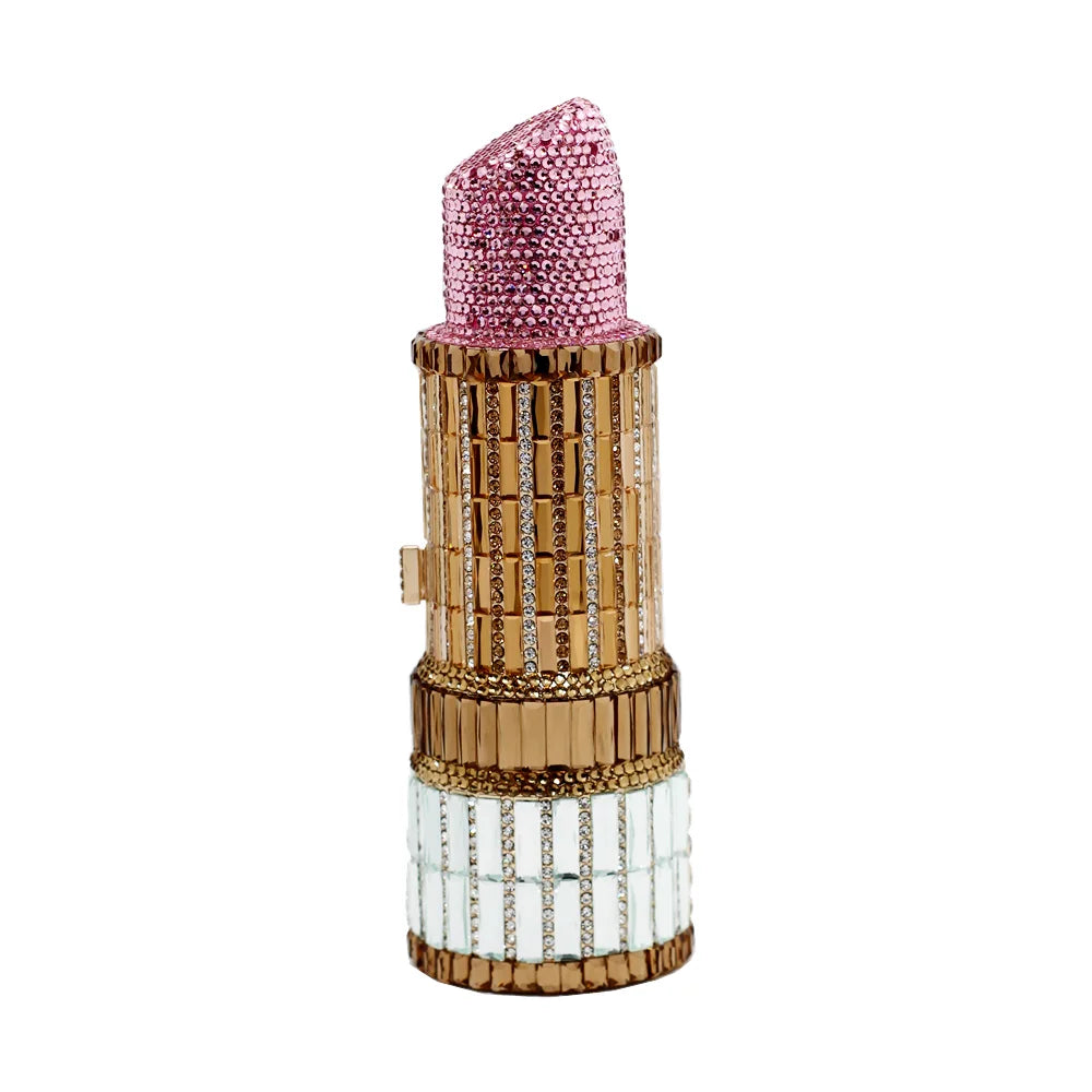 Red Lipstick Crystal Clutch Wallet | Sophisticated Novelty Fashion Evening Bag | Elegant Rhinestone Party & Dinner Handbag | "Dignified" Hard-Shell Barrel Purse with Metallic Finish Luxegan