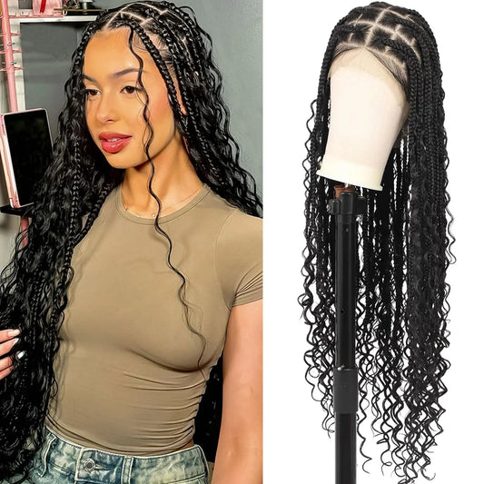 24" Boho Double Full Lace Knotless Braided Wig - Bohemian Curly - Synthetic - with Baby Hair