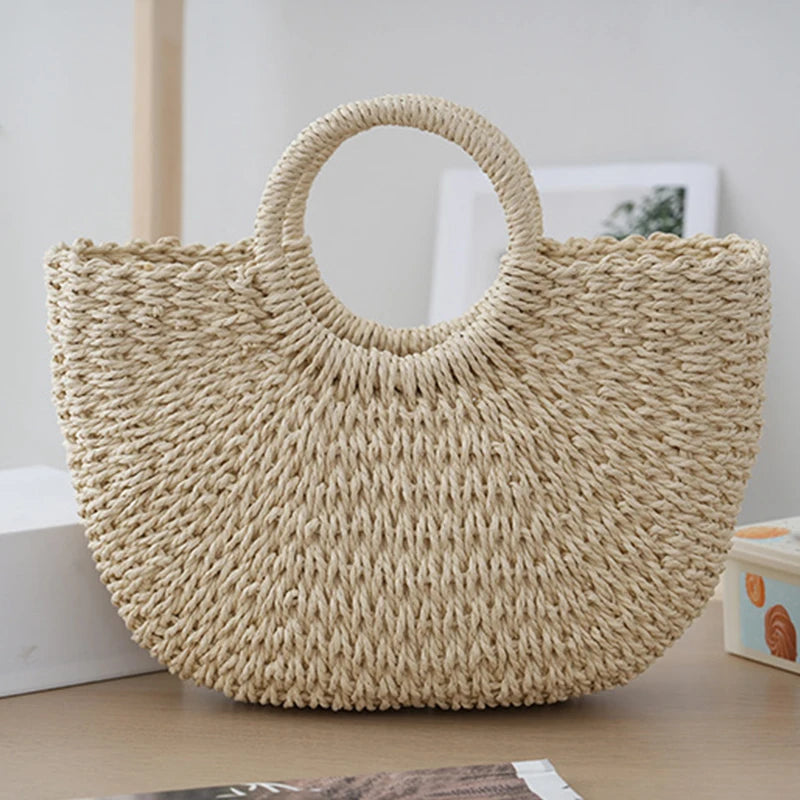 Handmade Moon Straw Beach Bag | Hard Woven Bohemian Tote Luxegan