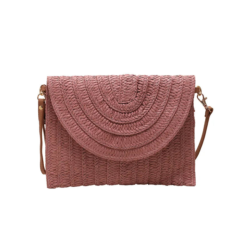 Handmade Woven Straw Envelope Clutch | Sophisticated Fur-Accent Shoulder Bag | Elegant Summer Crossbody Purse | "Dignified" Soft Beach Handbag for Versatile Vacation Styling Luxegan