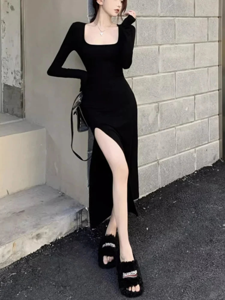 Side Slit Knit Bodycon Midi Dress | Square Neck Long Sleeve Wrap Hip Street Dress Luxegan