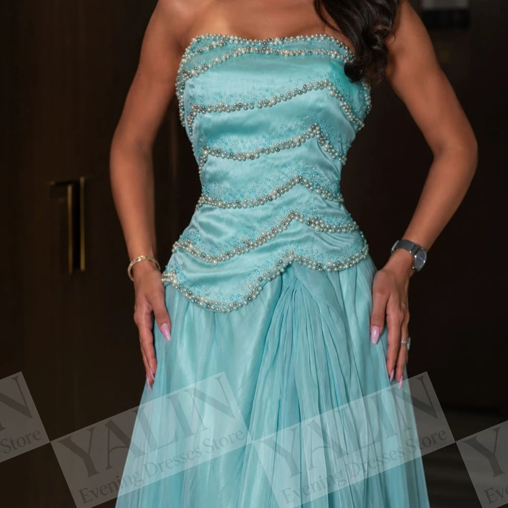 Beaded Draped A-Line Prom Gown | Strapless Sleeveless Floor-Length Evening Dress Luxegan