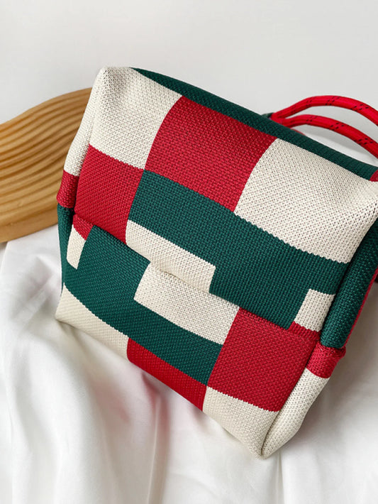 Red and Green Colour-Blocking Knitted Tote Bag | Small Square Double Handle Bag Luxegan