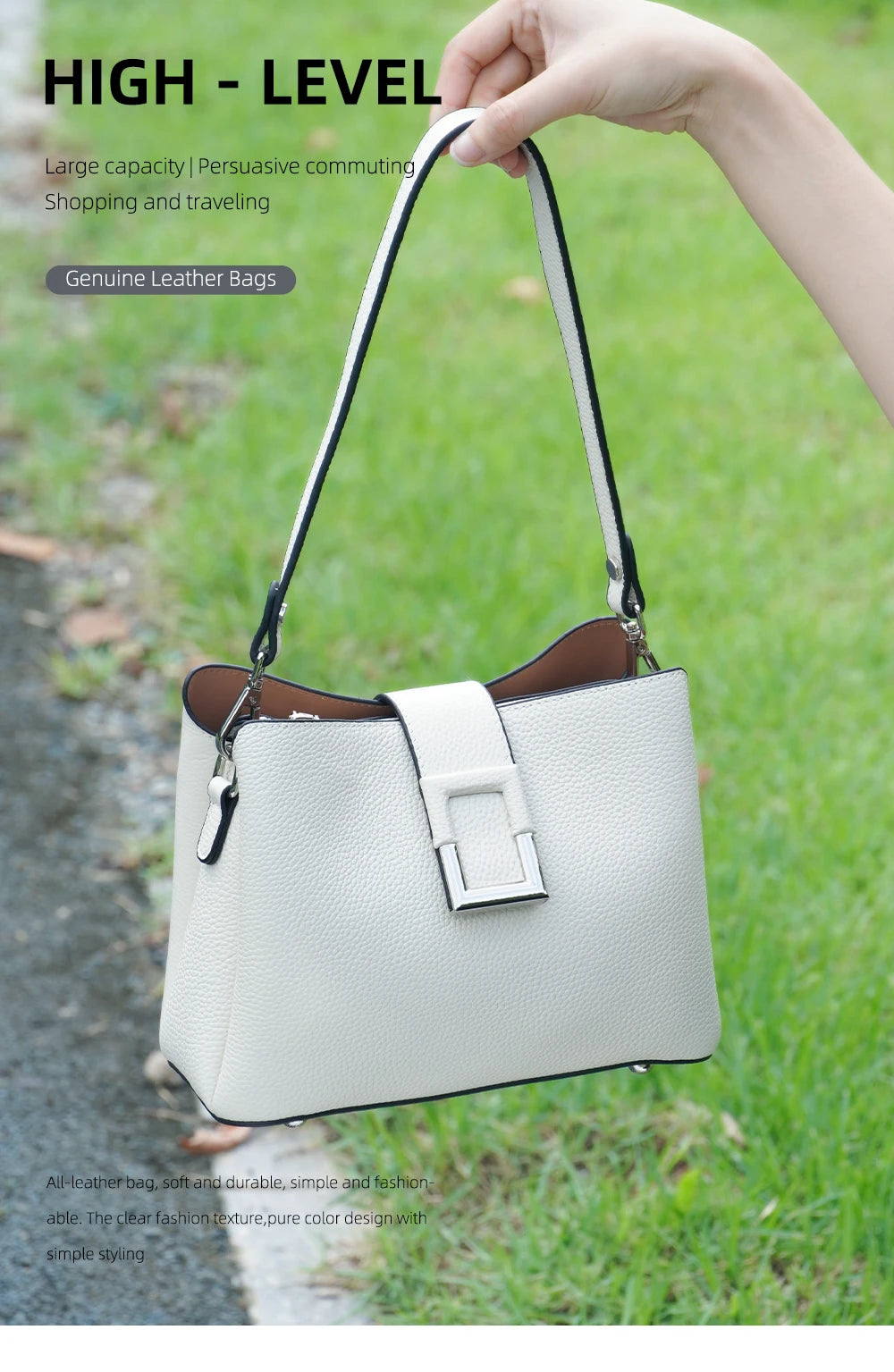 Genuine Leather White Designer Bucket Bag | Noble Shopper & Commuter Handbag | Large Capacity Cow Leather Shoulder & Crossbody Tote (ZC2135) Luxegan